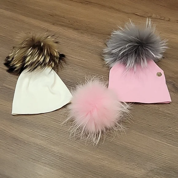Baby beanie hat with pom poms real fur interchangeable pink and cream hat - Picture 3 of 5
